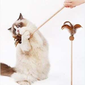 Natural Eco Feather Cat Teaser Wand with Catnip Cork Ball and Bell